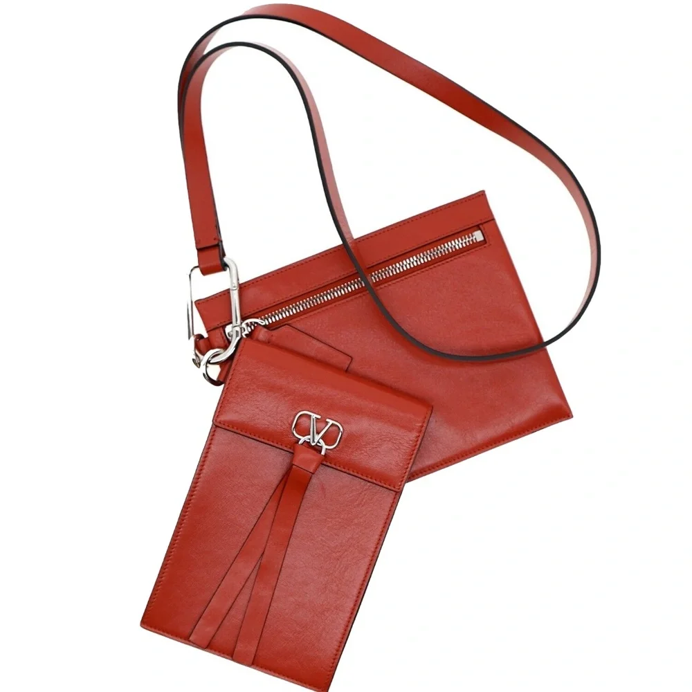 Valentino V-RING Wallet & Pouch On Strap Red Leather New